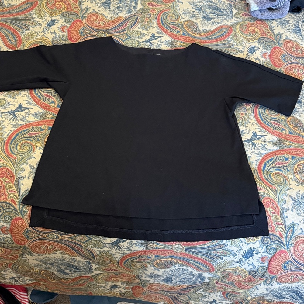 EILEEN FISHER Womens SP Black Stretch Knit long/short Sleeve Pullover Top